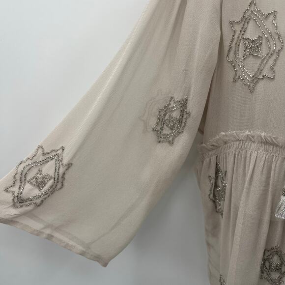 Chan Luu Beaded Sheer Top Womens Medium Light Beige Silver Flowy - Picture 7 of 10